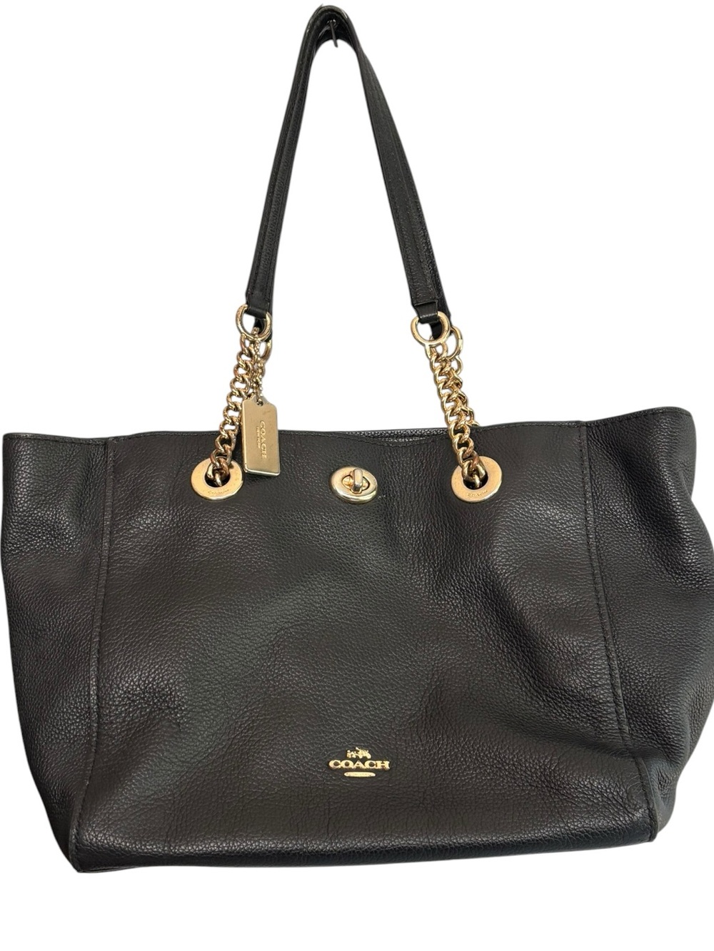 Coach Pebbled Leather Chain Strap Tote Bag Black Gold Turnlock Purse